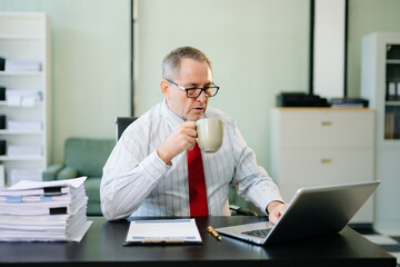 Frustrated Mature Businessmann working on a laptop computer sitting at his working place