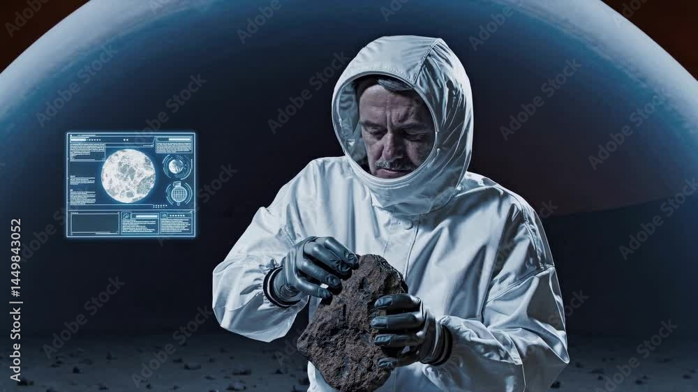 Poster astronaut in a white spacesuit examining a rock sample on the moon's surface, with a holographic dis