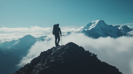 Silhouetted hiker atop mountain peak above clouds.