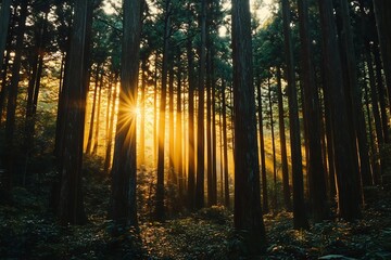 Obraz premium Forest during golden hour warm yellow orange gradient light filtering through dense trees crisp shadows dynamic highlights on leaves natural and dramatic