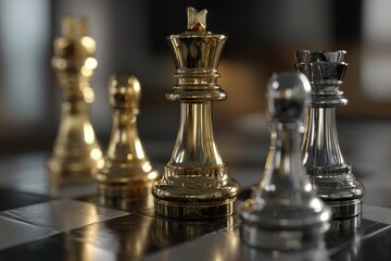 Close-up of luxurious golden and silver chess pieces on a reflective board, showcasing strategic depth and sophisticated game play with artistic presentation.