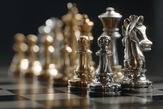 A strategic chess game setup with metallic silver and gold pieces on a checkered board, symbolizing intellect, competition, and a conceptual challenge on a black background.