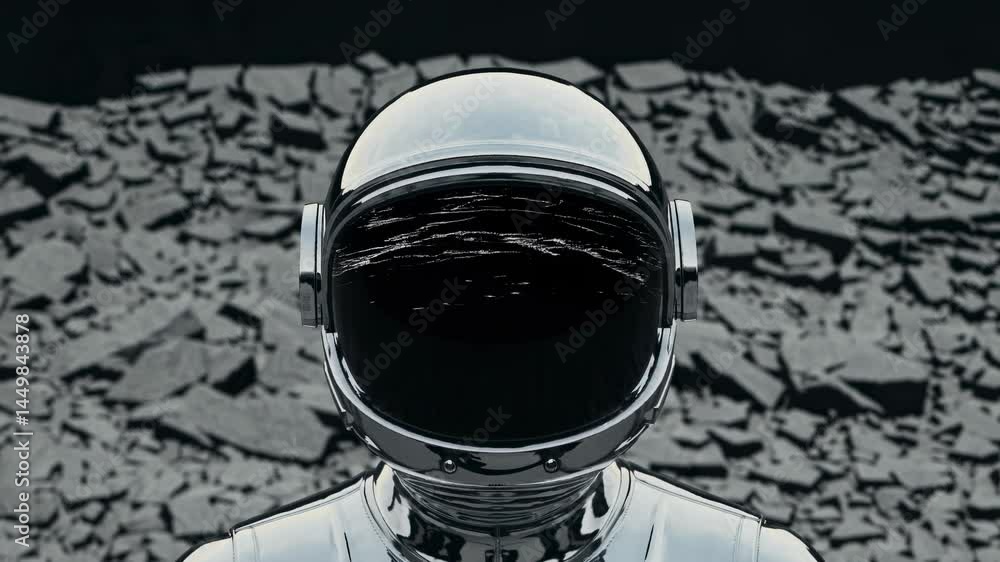 Poster astronaut in a chrome spacesuit navigating the rocky terrain of a desolate planet, showcasing a dist