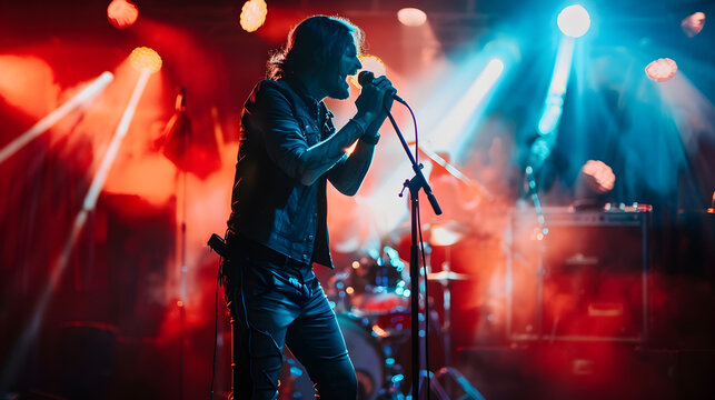 A male singer performing on stage with red and blue lights during a rock concert performance