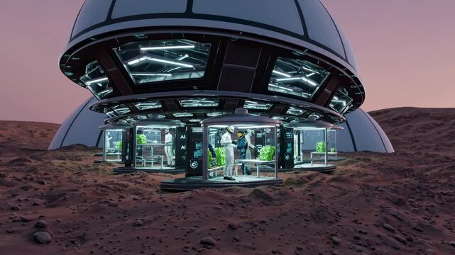 Scientists and astronauts collaborating in a hydroponic greenhouse, cultivating diverse plants on a mars base, utilizing advanced artificial intelligence for sustainable agriculture