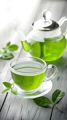 Refreshing green tea in cup and teapot on grey