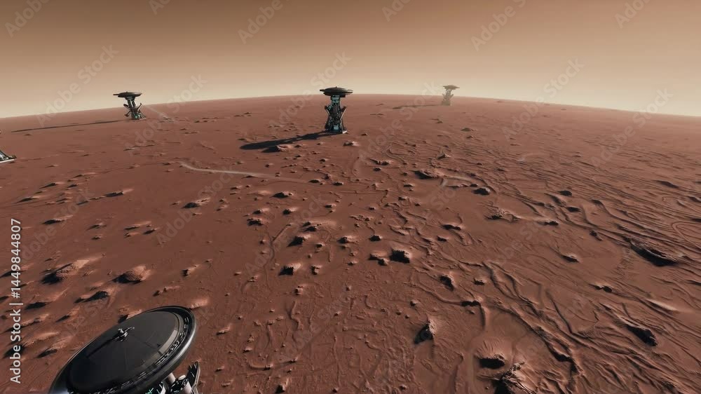 Poster futuristic mining towers are extracting resources on the barren surface of mars, connected by beams 
