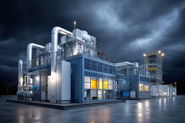 Obraz premium A modern industrial facility with complex piping and structures against a dark sky, showcasing technological advancement and energy production in an architectural context.