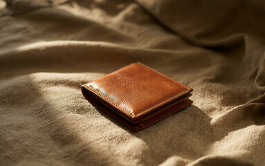 High quality brown leather wallet on a textured beige fabric background