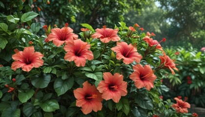 Obraz premium Vibrant hibiscus blooms, lush green foliage, tropical garden, bright, texture, plants