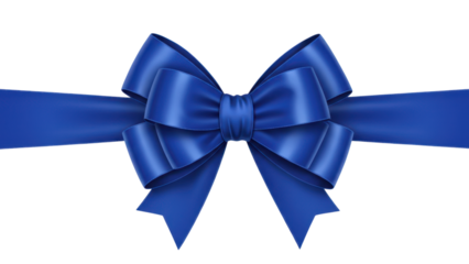 glossy blue ribbon bow placed on top of a gift box with vibrant colors. transparent png