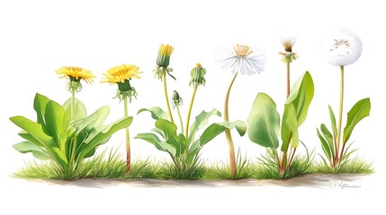 Fototapeta premium Detailed Illustration Showing Life Cycle Stages of Dandelion Plant from Seedling to Mature Flowering Stage