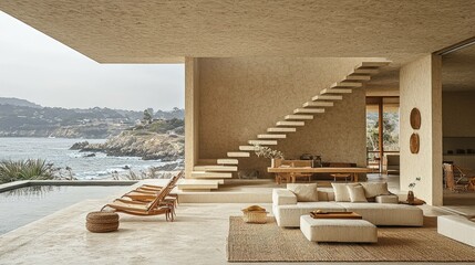 Modern architectural interior with geometric lines and neutral color palette