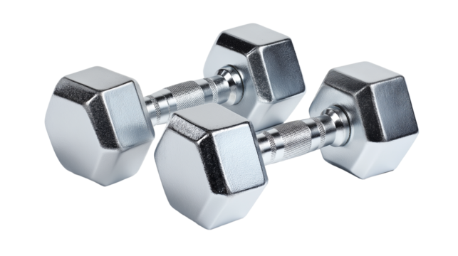 pair of gleaming chrome dumbbells isolated on white transparent background