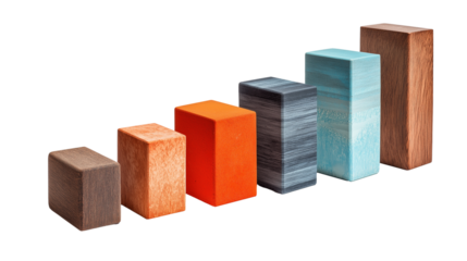 visual representation of growth with series of wooden blocks isolated on white transparent background