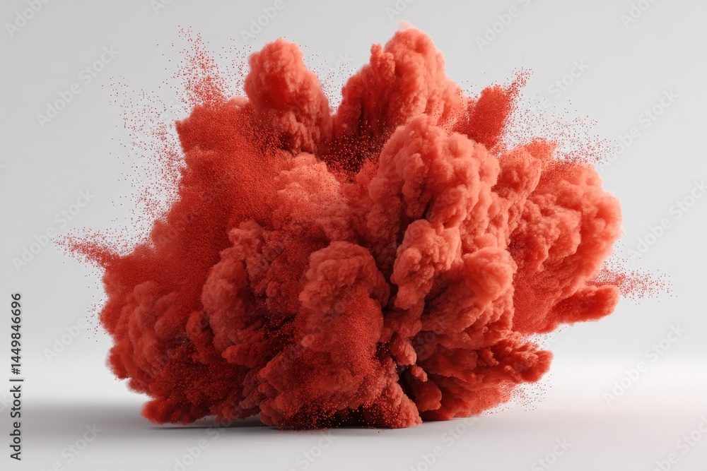 Poster an impressive coral red color explosion creating a billowing cloud of particles, on a white backgrou