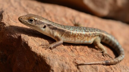Naklejka premium Desert Lizard Basking on Rough Sandstone Rock, Close-Up