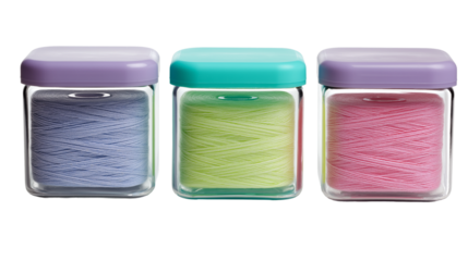  Colorful yarn in three glass jars isolated on white transparent background