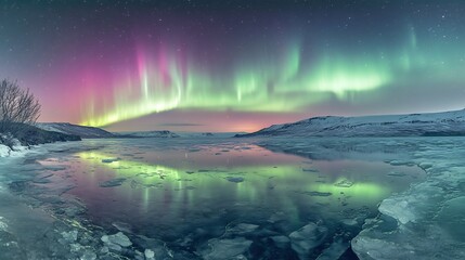Glacial lake Iceland reflecting vibrant aurora lights icy waters mirroring vibrant green and purple hues clear ice texture contrasts dramatic lighting