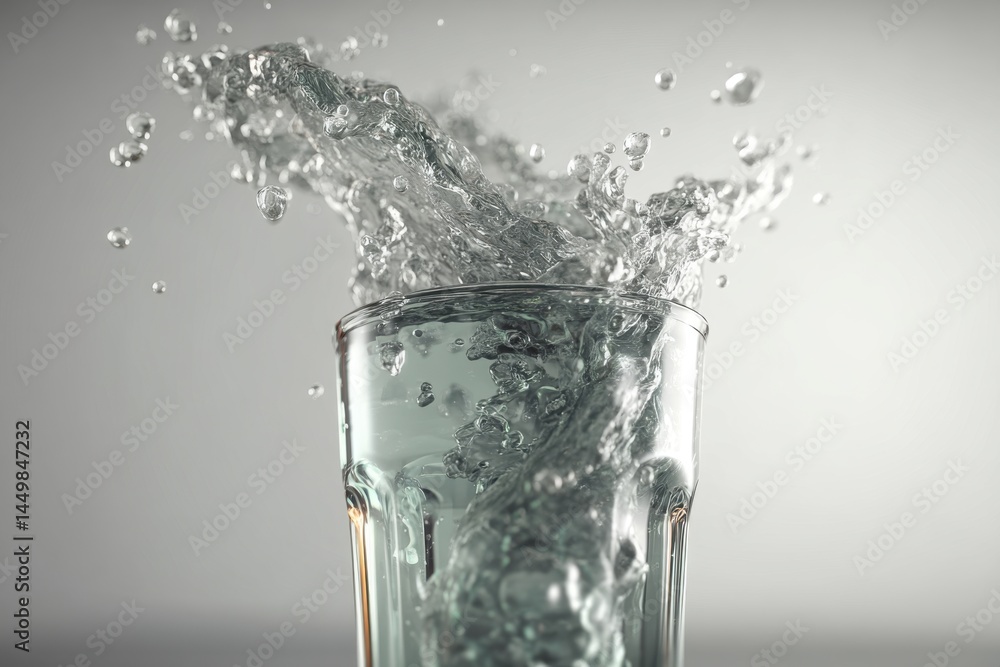 Poster a close-up of a glass with water splashing, creating dynamic patterns and textures, symbolizing puri