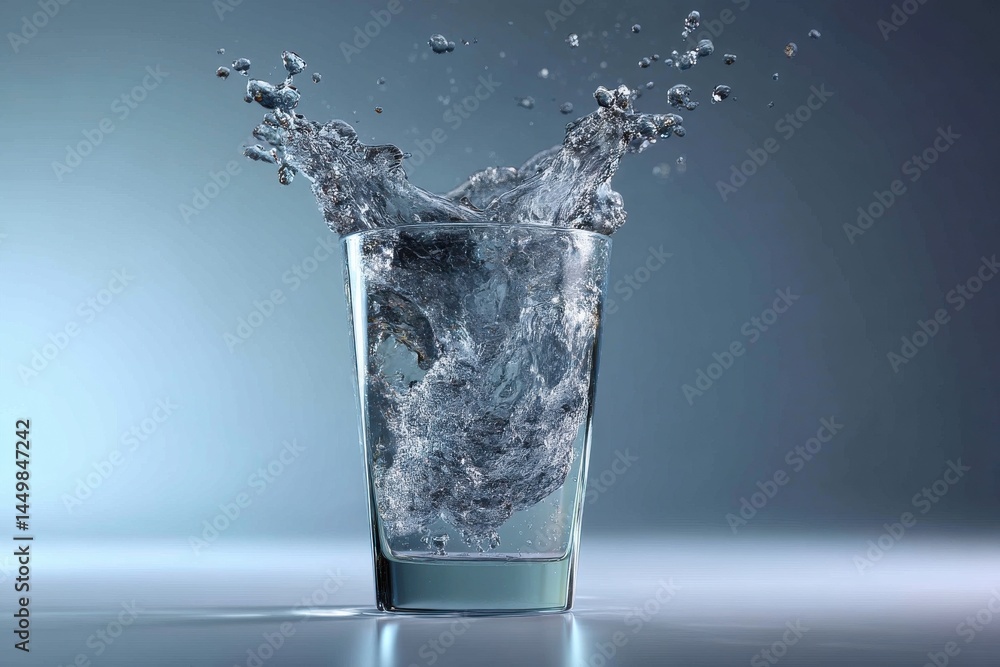 Poster a dynamic studio shot capturing a splash of water in a clear glass against a gradient blue backgroun