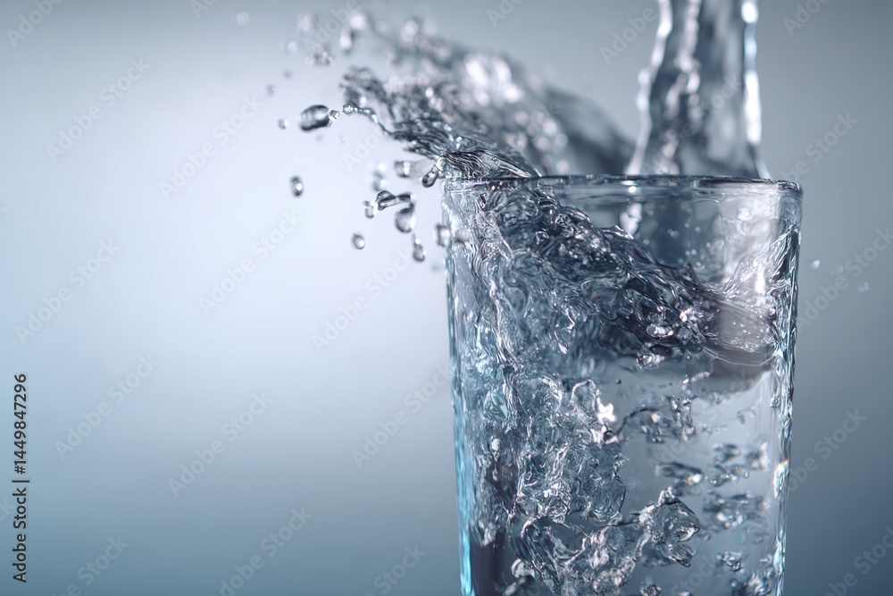 Aufkleber refreshing clear water is poured into a glass, creating a splash and dynamic motion, set against a c