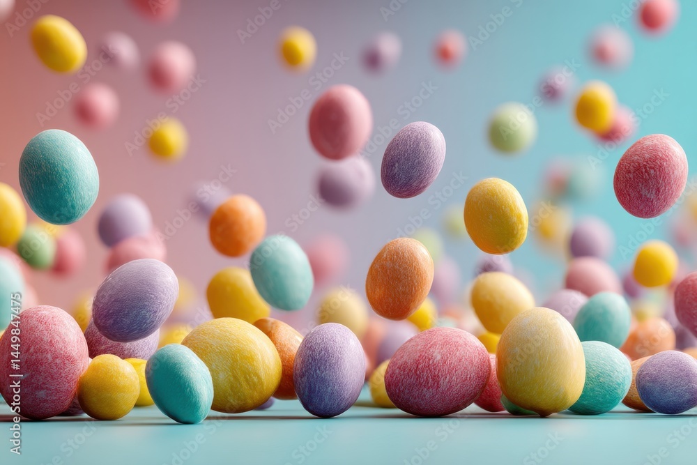 Poster a colorful array of easter eggs in pastel shades floating against a gradient background creating a f