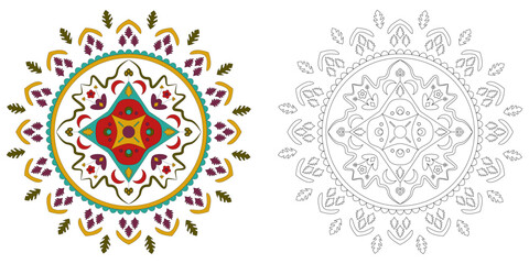 Colorful circular mandala ornament 
Coloring page for adults
Anti-stress coloring page