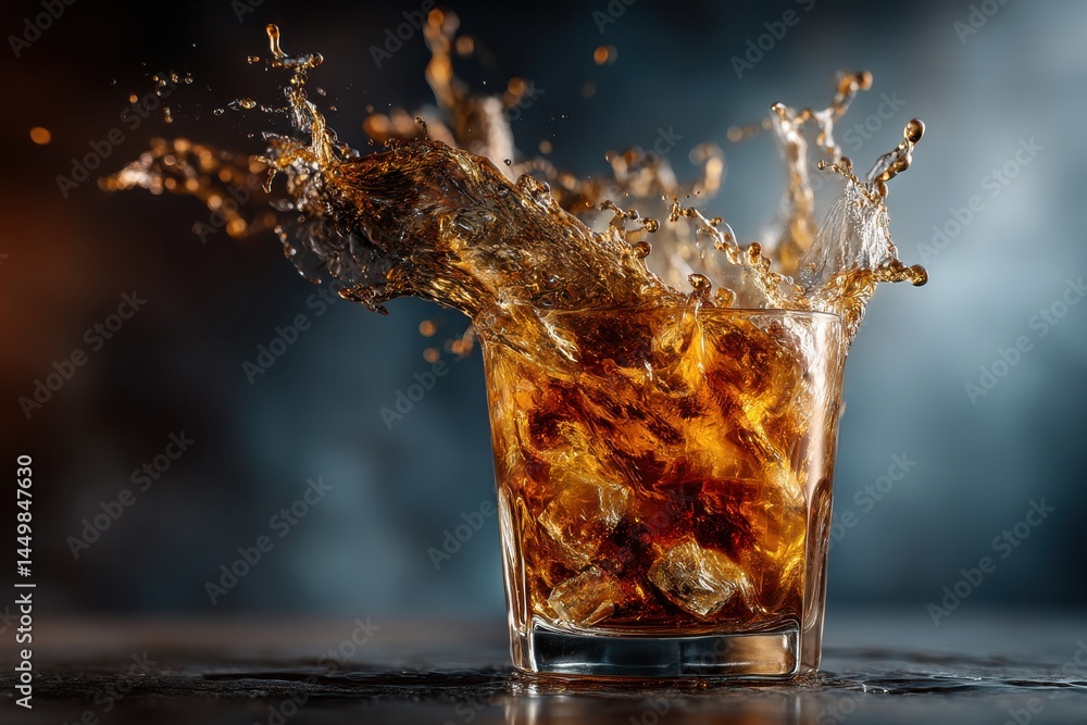 Poster a refreshing glass of cola with ice cubes, creating a dynamic splash on a dark background, perfect f