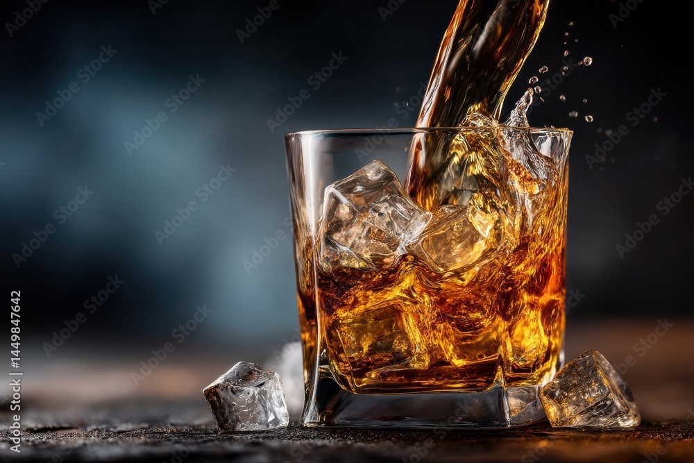 Poster a close-up studio shot of a glass with whisky and ice, being poured on dark surface, creating dynami