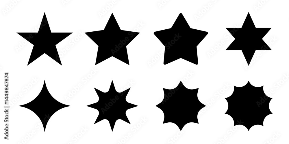 Poster star, sparkle and shine vector set in eight different shapes for design elements. sparkle star icon.