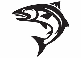 Powerful leaping fish stylized graphic design bold black silhouette on white background perfect for logos prints and