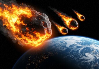 Fiery asteroids with smoky trails approaching Earth in space.