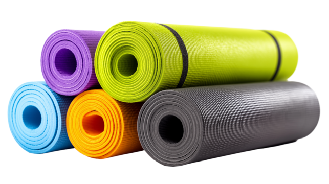 Colorful stack of rolled yoga mats  isolated on white transparent background