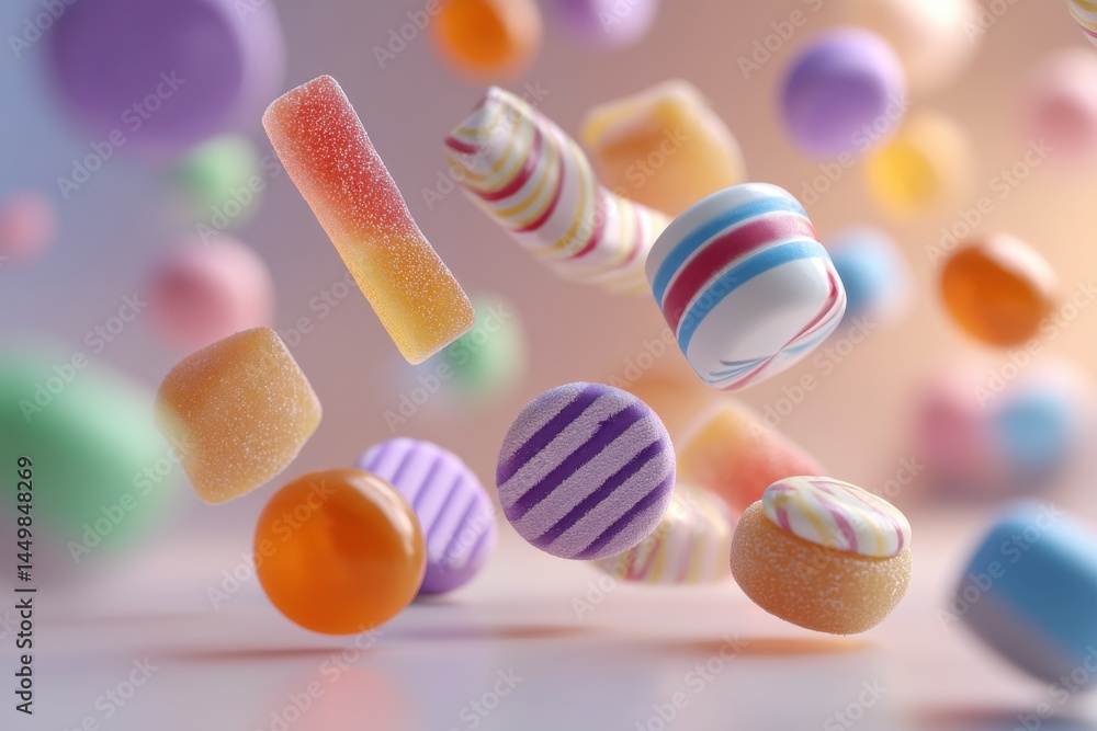 Poster a colorful array of various candies floating in the air, creating a visually appealing and whimsical