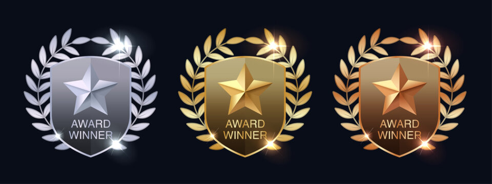 Gold, Silver, Bronze Award Badges with Laurel Wreath and 3D Star &ndash; Premium Vector Shield Icons Set