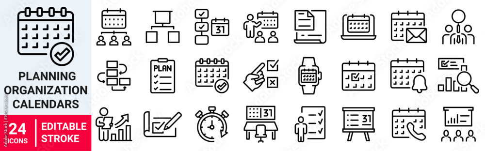 Poster planning and organization calendars web icon collection set. containing implementation, planner, mem