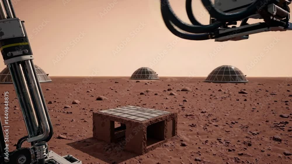Aufkleber futuristic robotic arm constructing a habitat on mars, surrounded by geodesic domes, utilizing advan