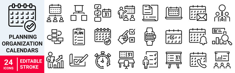 Planning and Organization calendars web icon collection set. Containing implementation, planner, memo, stopwatch, project, process, iteration icon. Simple flat vector.