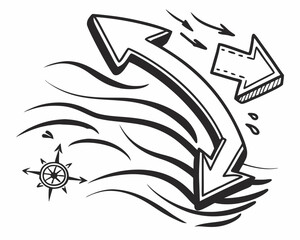 Dynamic curving arrows with compass navigating windy path black ink doodle bold graphic design art