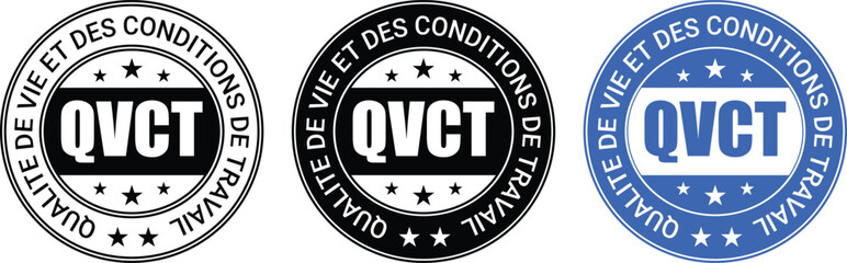 round qvct badge labels in black, white, and blue with french text, stars, and circular stamp design for official or quality marking use	