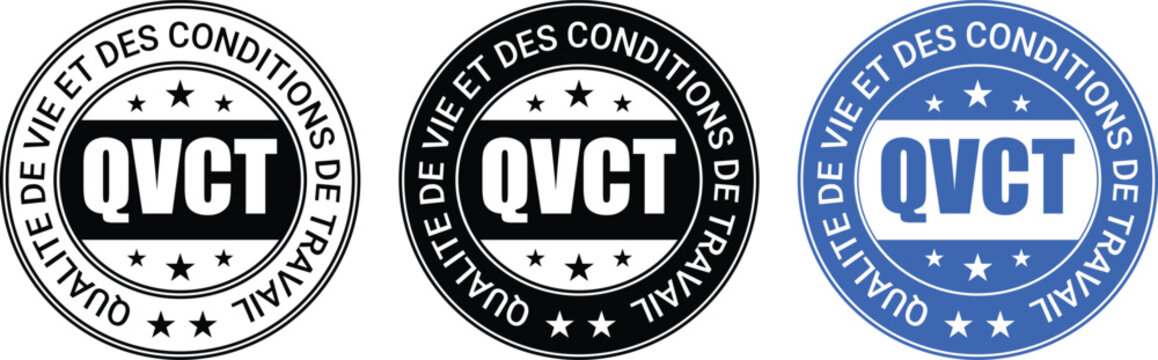 round qvct badge labels in black, white, and blue with french text, stars, and circular stamp design for official or quality marking use	