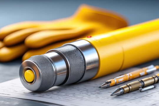 Close-up product photography of a industrial grade crimping tool on top of a sheet filled with engineering data, with work gloves and mechanical pencils in the background.