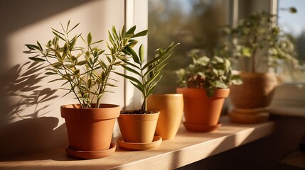 Fototapeta premium Bright and Lively Indoor Plants on a Sunlit Windowsill in a Cozy Living Space