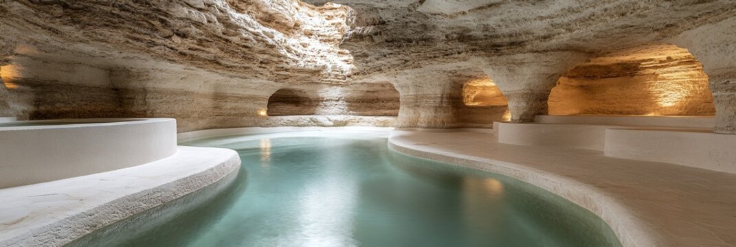 View of a serene indoor pool within a cave like structure with unique rock formations and soft lighting