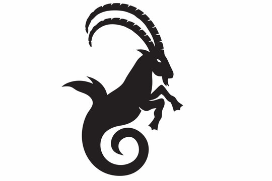 Powerful Capricorn zodiac sign a majestic black silhouette of a sea goat with elegant curved horns against a white
