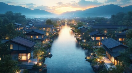 Enchanting canal city landscape at dusk with traditional japanese architecture
