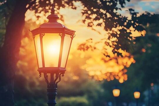 Retro street lamp in the city park at summer sunset