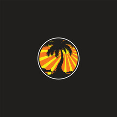 Palm trees with lush green leaves stand at the edge of a tranquil shore under a bright, glowing sun. Black birds fly in the sky, enhancing the peaceful ambiance.