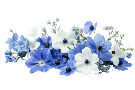 Delicate bouquet of blue and white flowers transparent png image ideal for invitations and seasonal decor